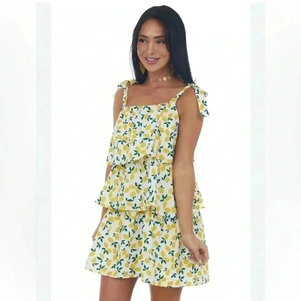 Lush Off White Lemon Print Ruffle Tiered Mini Dress Sz Small - Picture 15 of 16